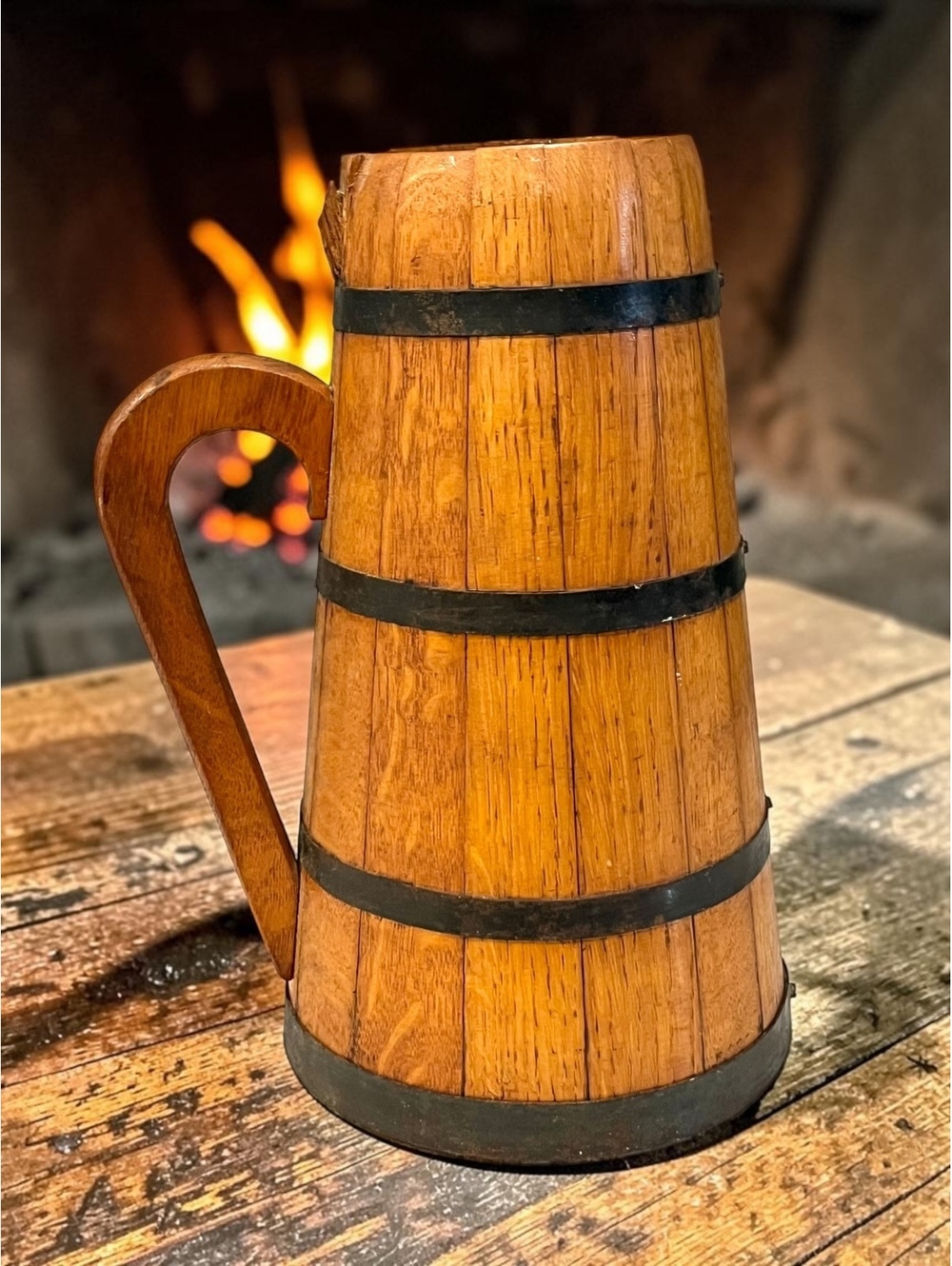 Vintage Wooden Stave Tankard Pitcher Jug Metal Bands Primitive Rustic 12”